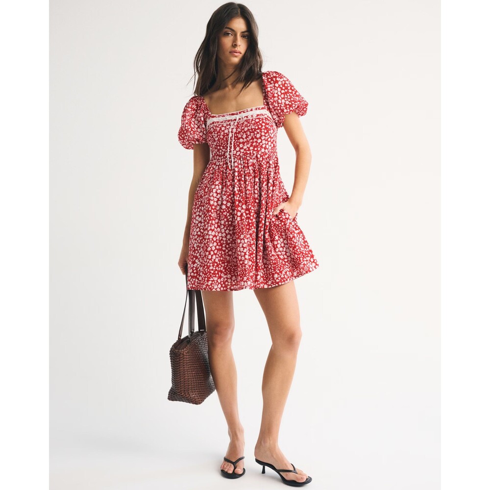 Abercrombie and Fitch A&F Emerson Red Floral Puff Sleeve Mini Dress Size XS